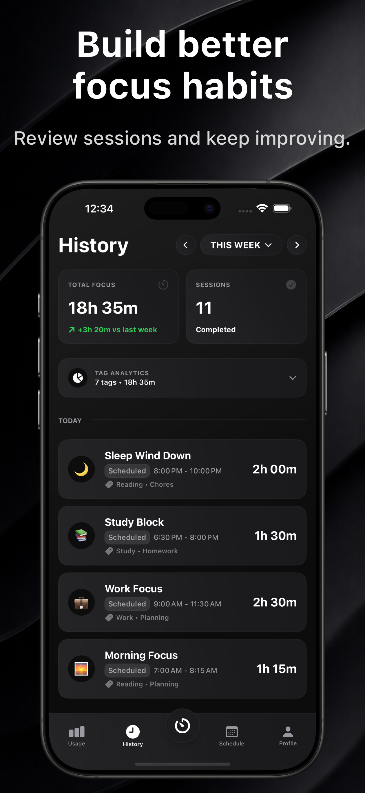 Session history screen showing completed sessions and weekly focus time.