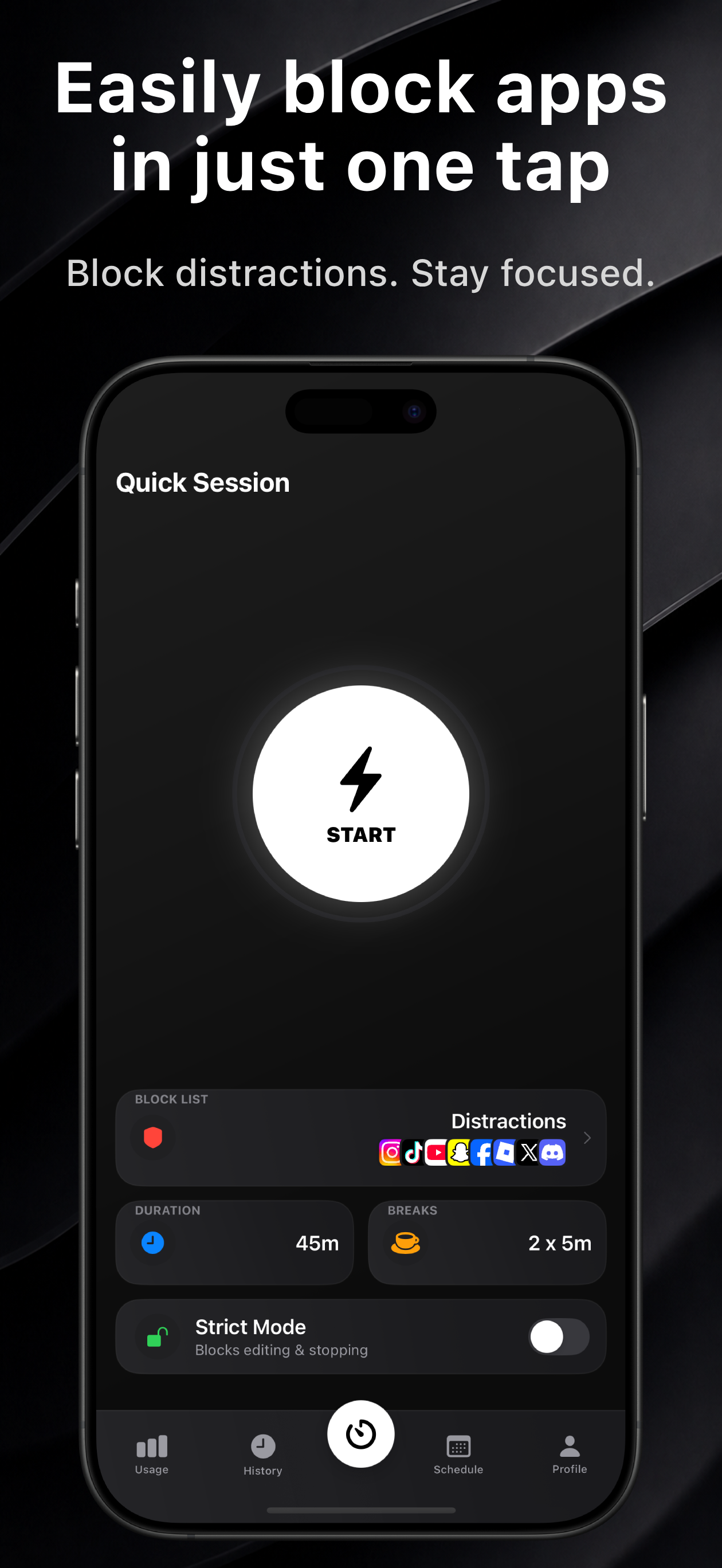 Promotional app screenshot showing a Quick Session and the text Easily block apps in just one tap.